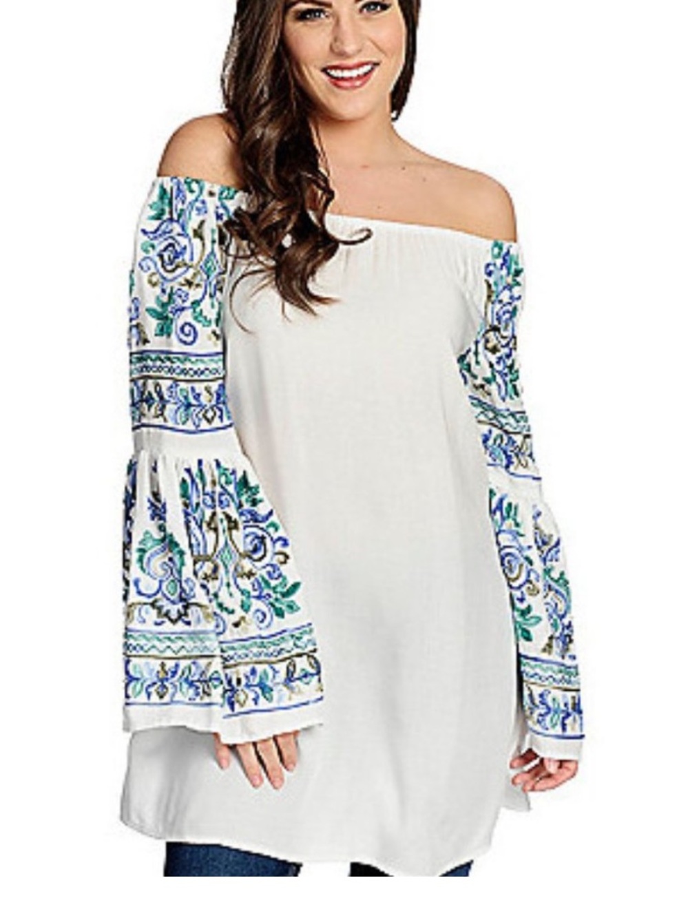 Off-Shoulder White Embroidered Tunic Top